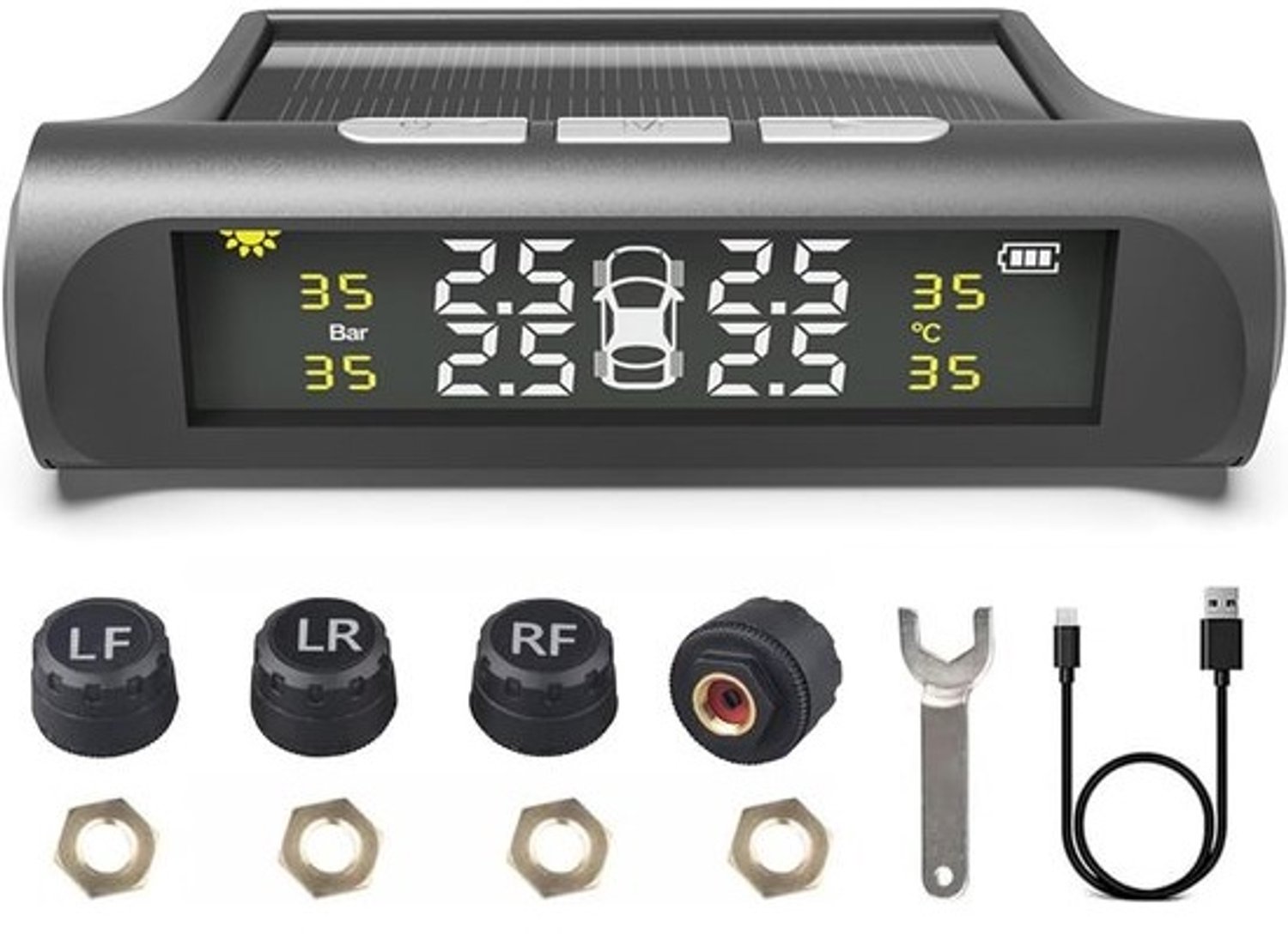 TPMS-bandenspanningscontrolesysteem - Waterdichte bandenspanningsmeter op zonne-energie voor voertuigen en campers