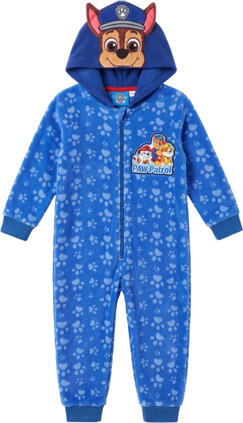 Blauwe Paw Patrol onesie met pootafdrukpatroon, rits en capuchon met Chase-gezicht en oren.