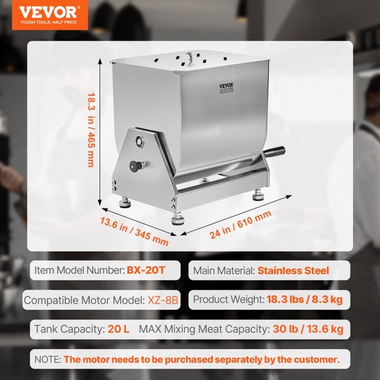 Handmatige Vleesmenger 20 L - Roestvrij Staal - 13,6 Kg Capaciteit - Kantelbak - Industriële Worstmenger — afbeelding 5