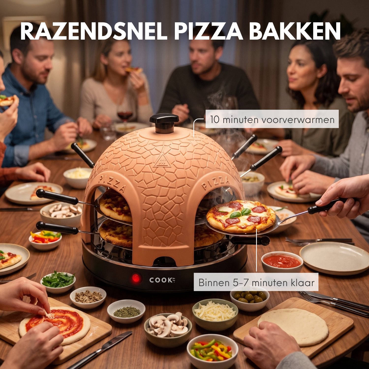 COOK-IT Pizza Oven 8 Personen - Mini Pizzaoven 1150W - Pizza Oven voor op Tafel - Terracotta Koepel - Inclusief 8 Pizzaspatels – foto 3