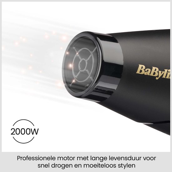 De 2000W motor van de zwarte BaByliss föhn voor krachtige prestaties.
