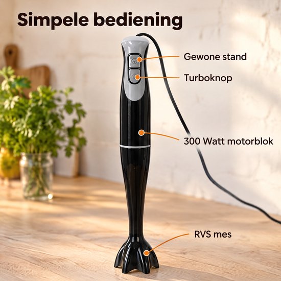 Cheqo® Staafmixer Set 300W met Garde en Hakmolen - Staafmixerset - Handblender met Turbofunctie - Staafblender - Pureerstaaf voor Soep - Hakselaar - Klopper - RVS Messen - 2 Snelheden - Mixer Set - Smoothie Mixer - Keukenmixer - Zwart Grijs van Cheqo — afbeelding 3