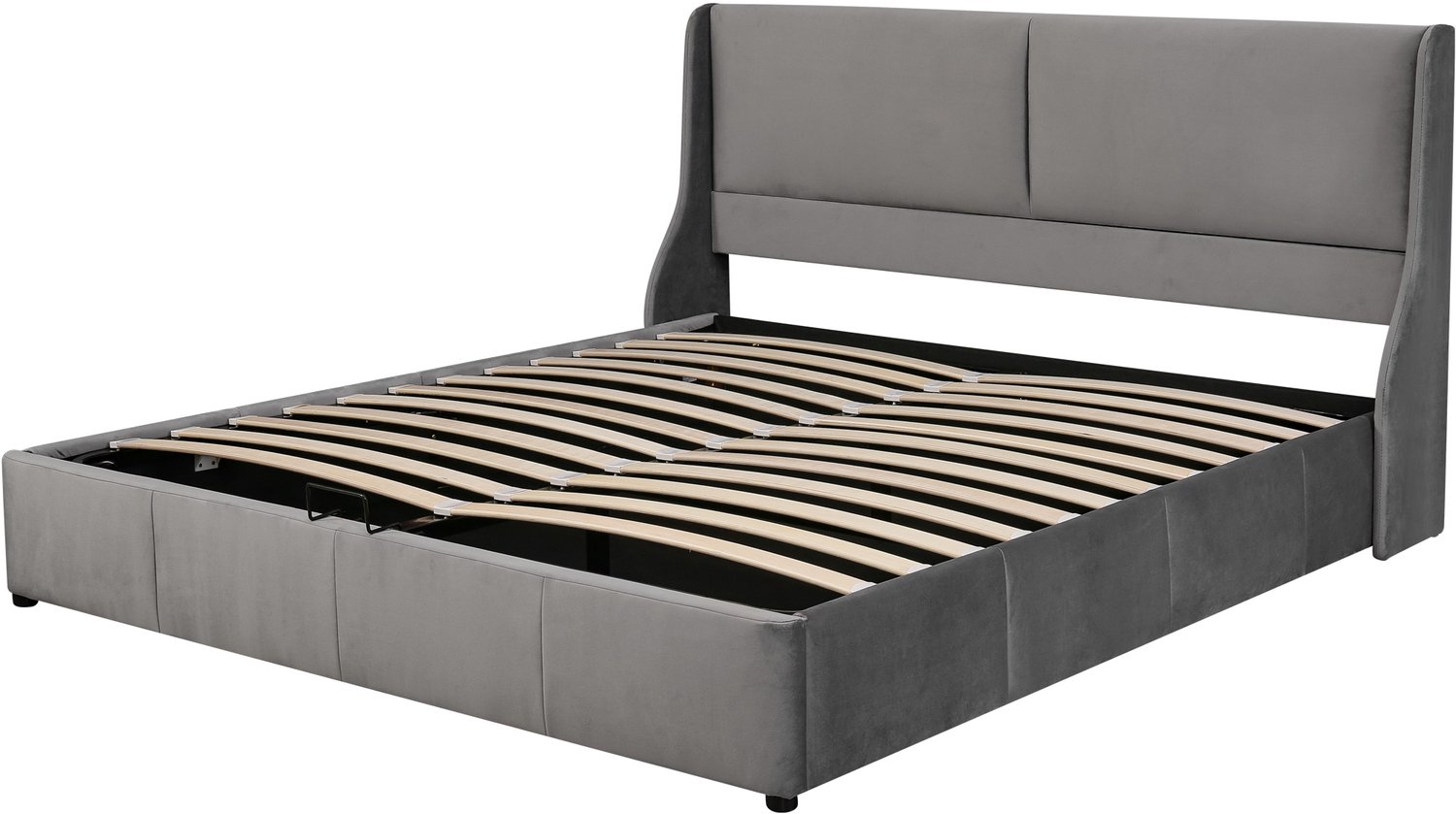 Gestoffeerd Bed 160x200 cm - Met Hydraulische Opbergruimte En Vleugelhoofdbord - Grijs Fluweel - Zacht Bekleed Voor De Slaapkamer