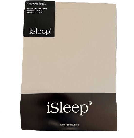 iSleep 100% perkal-katoen hoeslaken in taupe, met zwarte productverpakking.