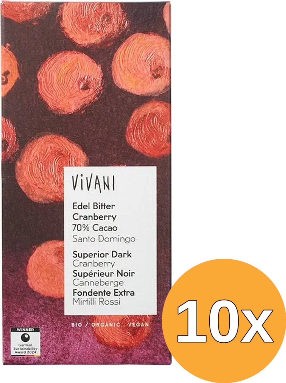 10x Vivani Chocolate Bar Superior Dark Cranberry 70% Cacao (80 gr)