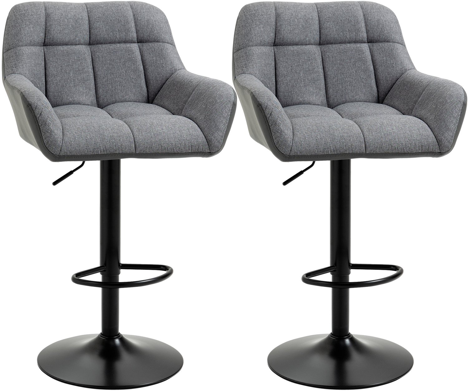 Homona Barkrukken - Set van 2 - In hoogte verstelbaar en 360° draaibaar - Met rugleuning en voetsteun - Kunstleer en linnenlook - 57,5 x 52,5 x 93-114 cm - Grijs/Zwart