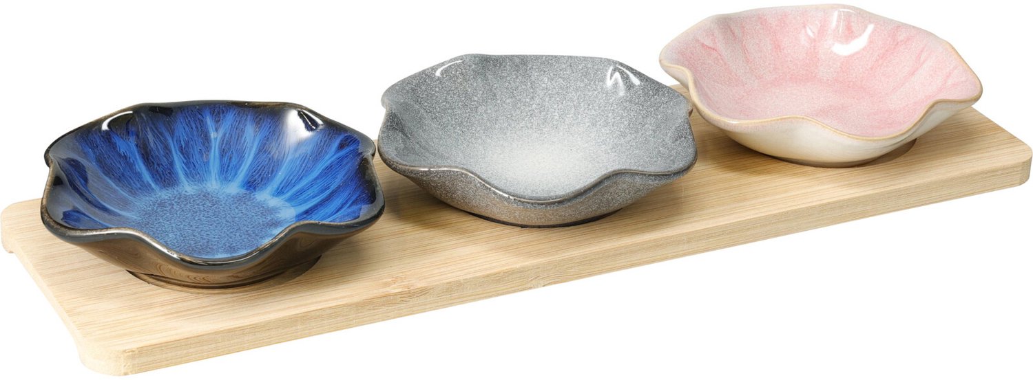 EH Excellent Houseware - Bamboe serveerset met 3 porseleinen schaaltjes