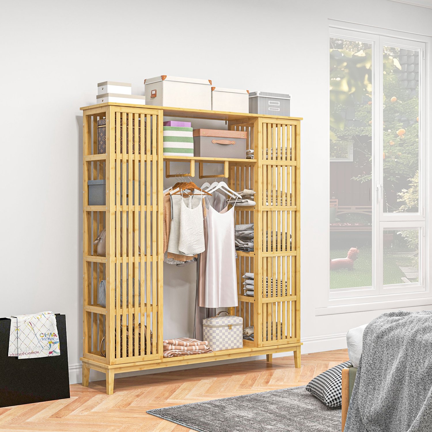 TEKROA® Kledingkast – Open bamboe kledingkast - met 2 schuifdeuren - open schappen en kledingroede - 145x35x165 cm