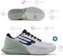 Bullpadel padelschoen in wit en groen met technische labels voor zool, mesh, stitching en bescherming.
