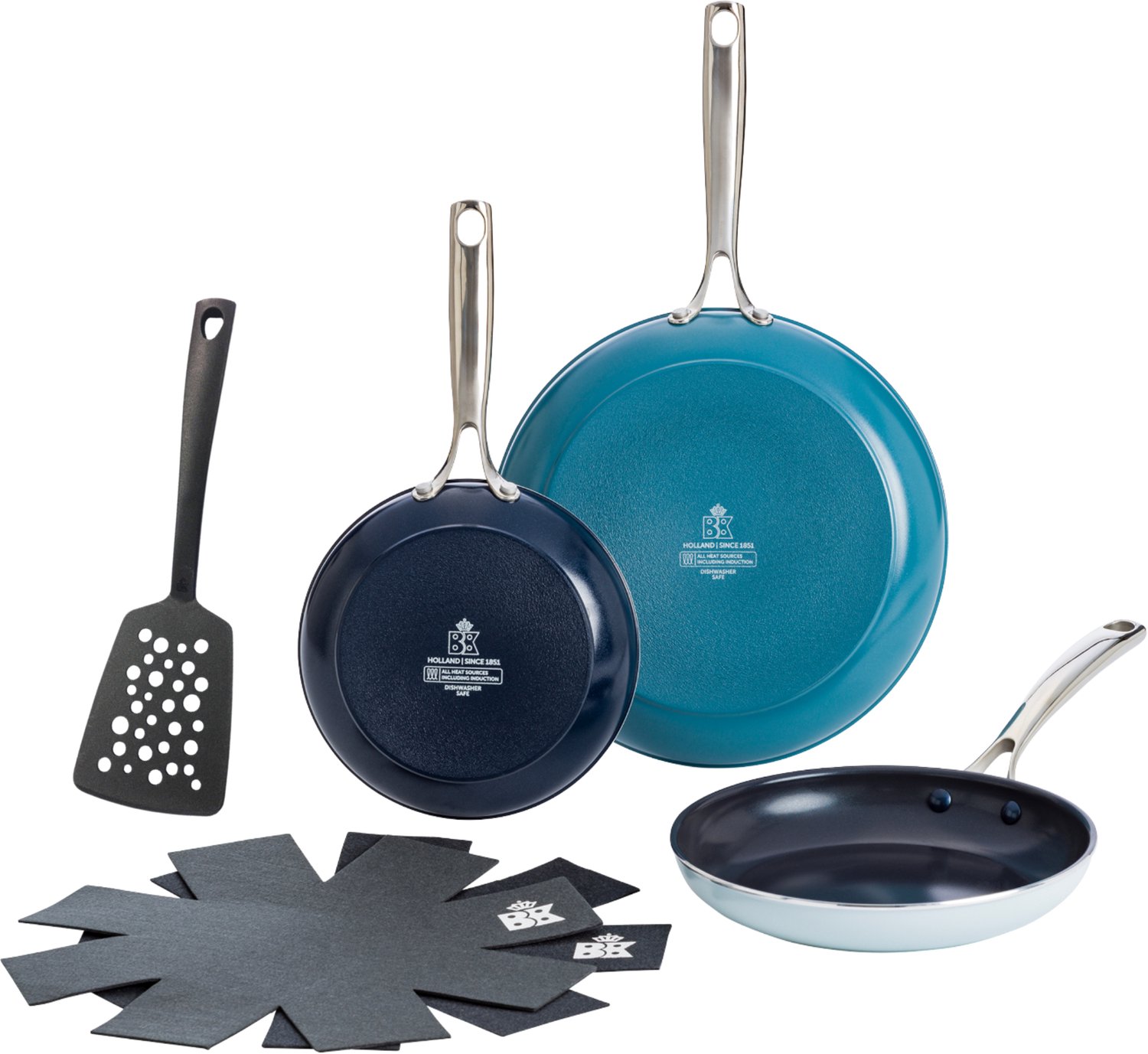 BK Sky Blue keramische inductie koekenpannenset 3-delig 20/24/28 cm met nylon spatel en panbeschermers