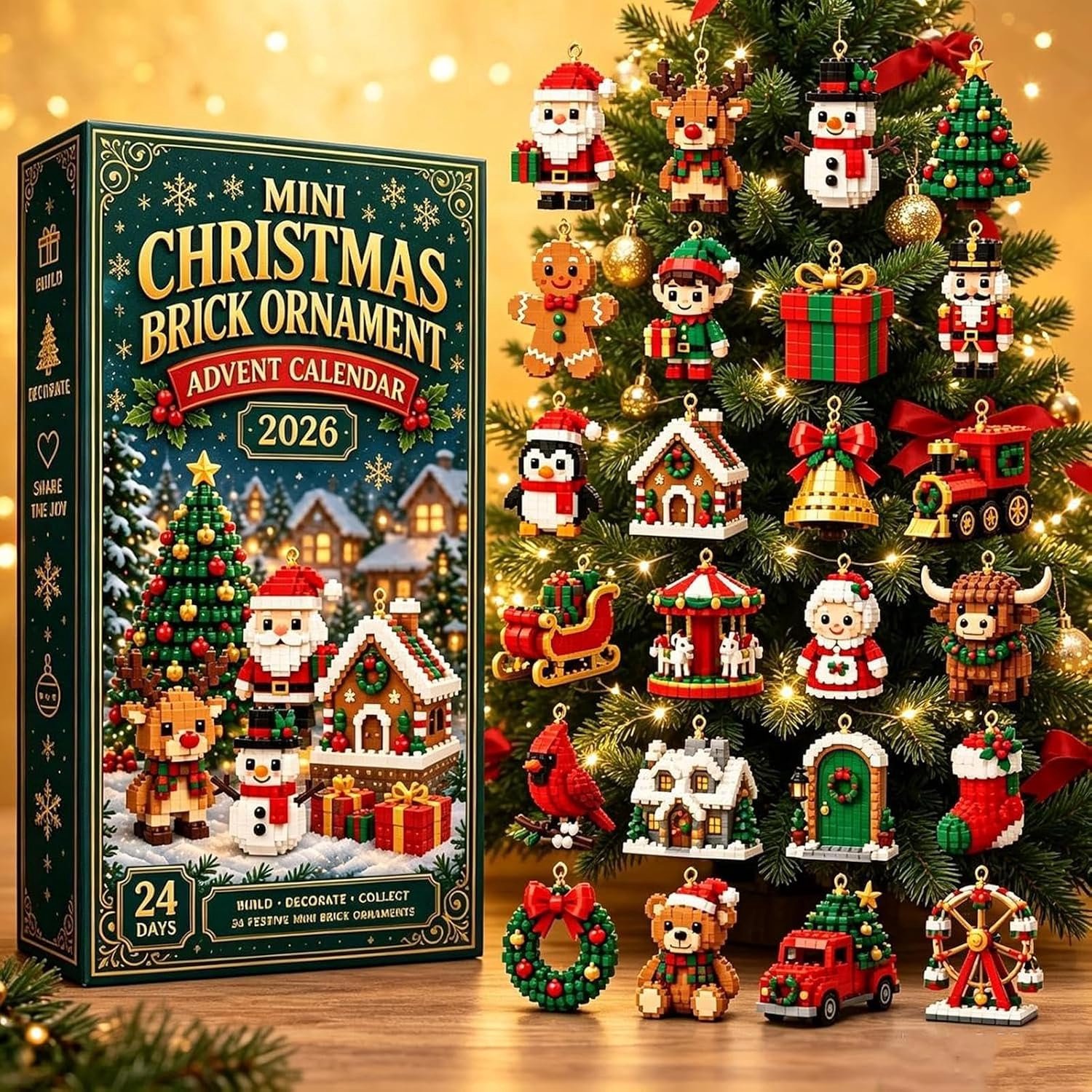 Kerst-adventkalender 2026 – Bouwstenen-verrassingsdoos - 3-4 cm platte hangornamenten(24 dagen) - Adventskalender - Kerstcadeau - Kerstmis - Geschenk - Verrassingscadeau - Leuk & interactief - Feestelijke sfeer