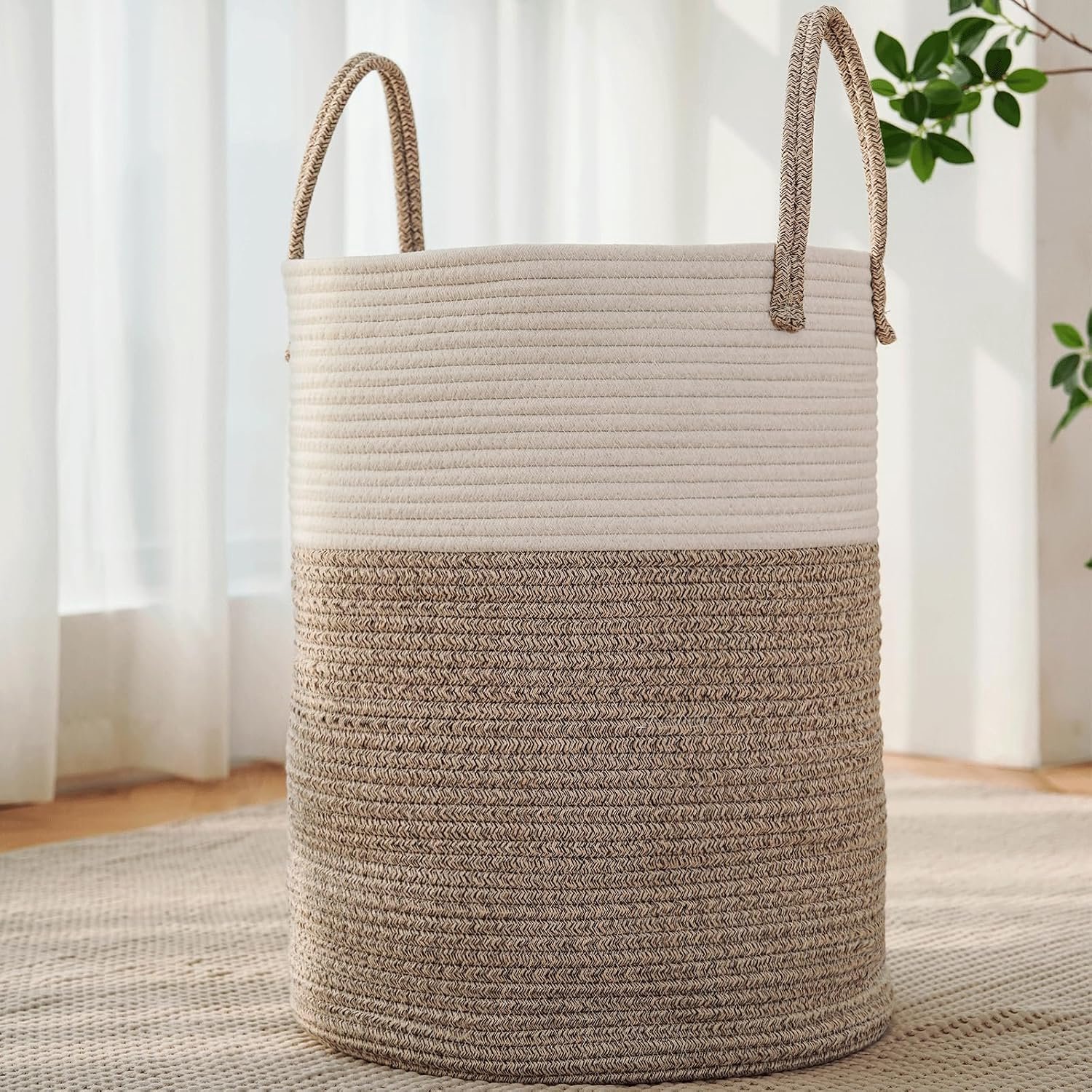 60L Katoenen touw wasmand - bruin - opvouwbare opbergmand voor dekens en wasgoed