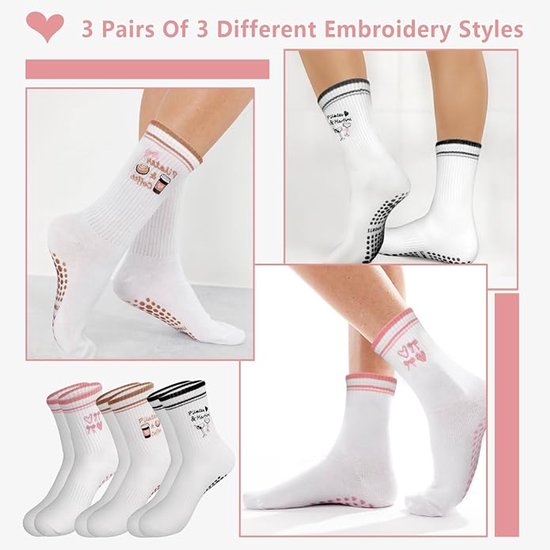 Yoga Sokken - Antislip Sokken - 3 paar - Pilates Grip sokken - voor dames - Met Leuke Patronen - Sneakersokken - voor ballet, pilates, ziekenhuis, thuis - eenheidsmaat — afbeelding 3