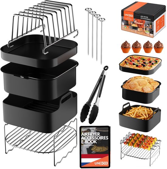 UNBOX airfryer accessoireset met zwarte bakvormen, grillroosters, spiesjes, tang en digitaal e-kookboek.