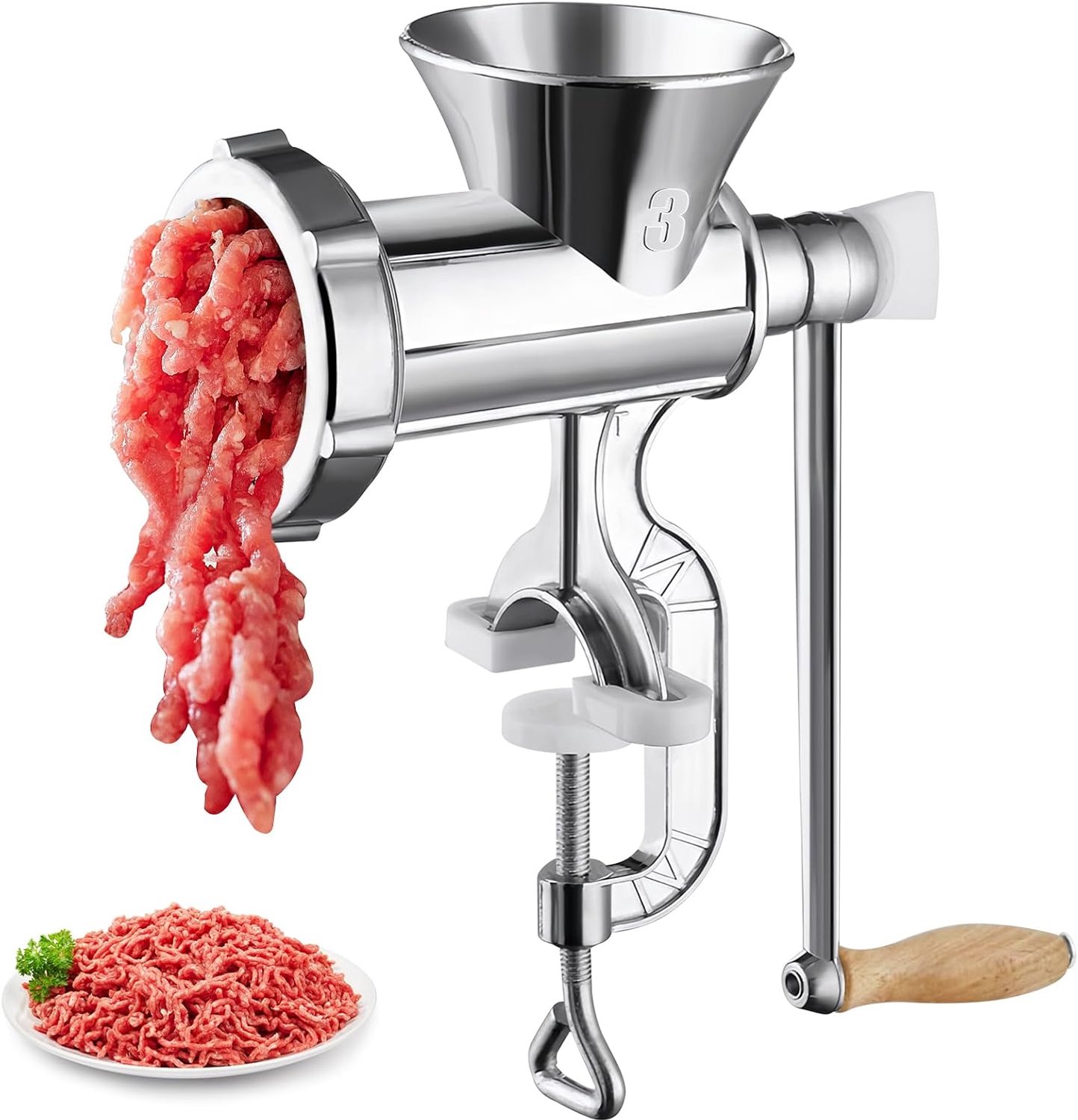 1 stuk - Handmatige vleesmolen - Vleesmolen met tafelklem - Handmatige aluminium vleesmolen met trechter - Voor worst en hamburgers - Geschikt voor vlees en worst - Geschikt voor rundvlees, paprika en champignons - Zilverkleurig