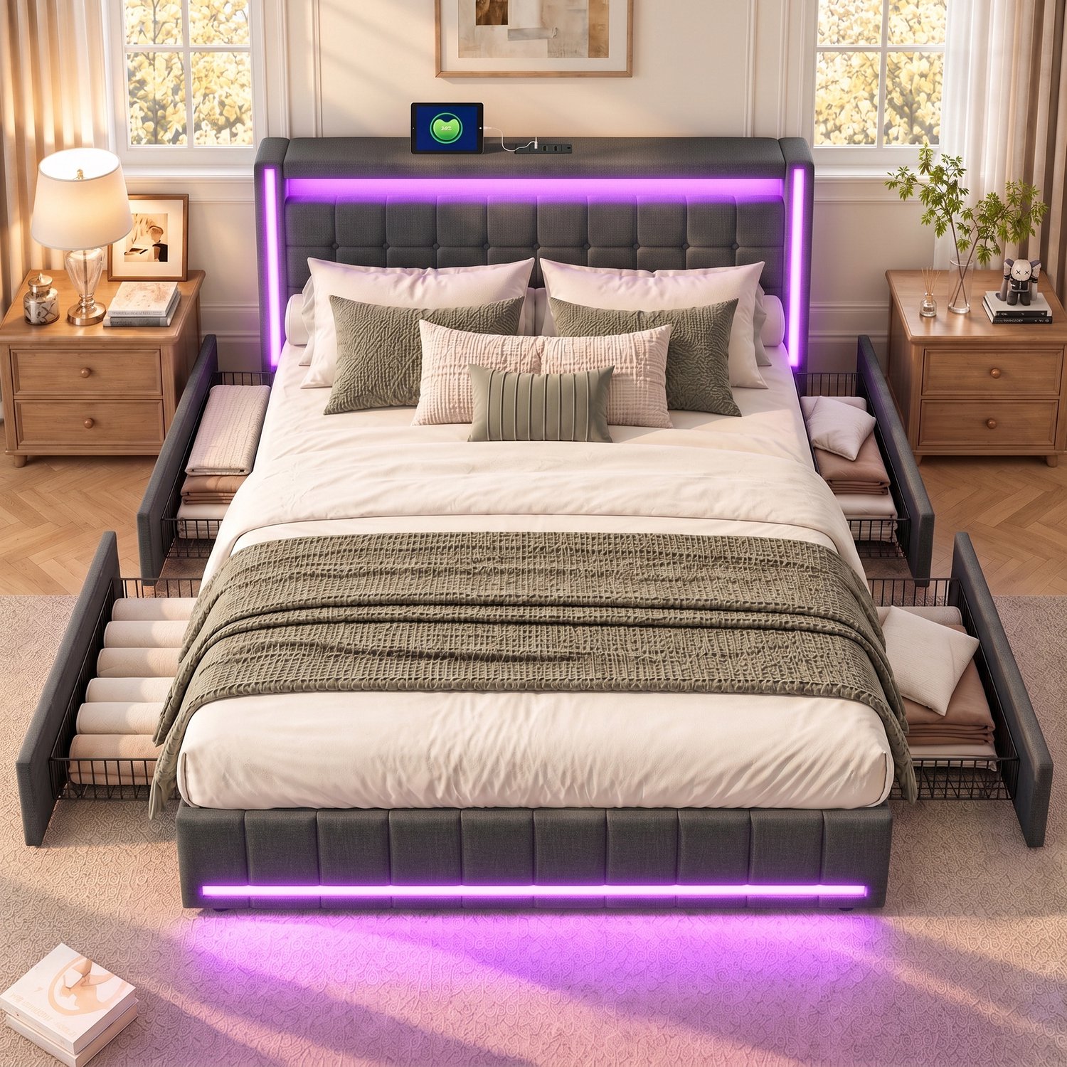 ROSAHQNDA Gestoffeerd bed 180 x 200 cm, tweepersoonsbed met ledverlichting, 4 lades en lattenbodem, hoofdbord met opbergruimte en USB-aansluiting, multifunctioneel bed, bed met opbergruimte, tienerbed, rugleuning, bedframe, linnenlook, grijs, zonder matras