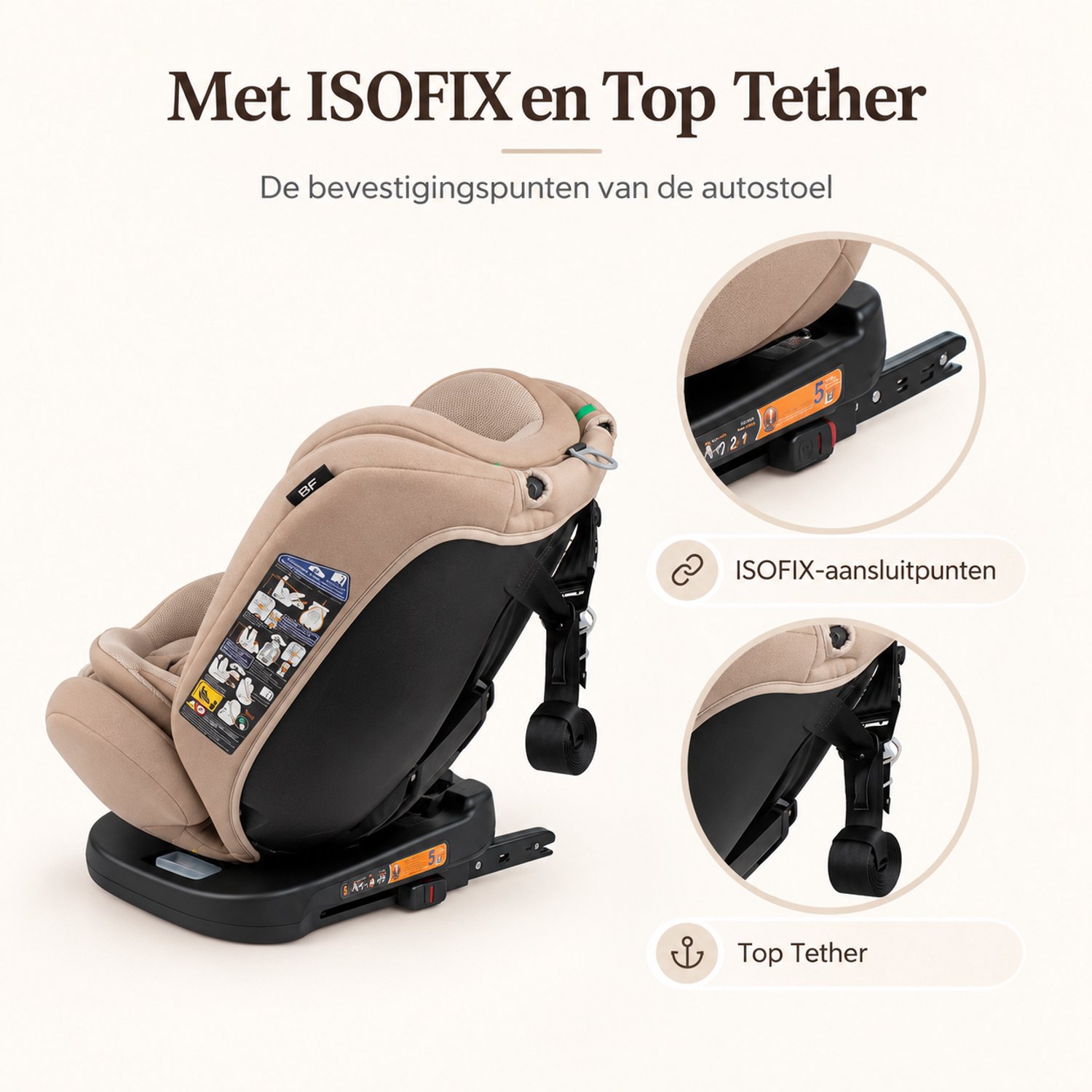 Bebies First Kiddo Autostoel 360° Draaibaar met Isofix – i-Size – Baby & Kind 0-12 Jaar (40-150 cm) – Beige – foto 7