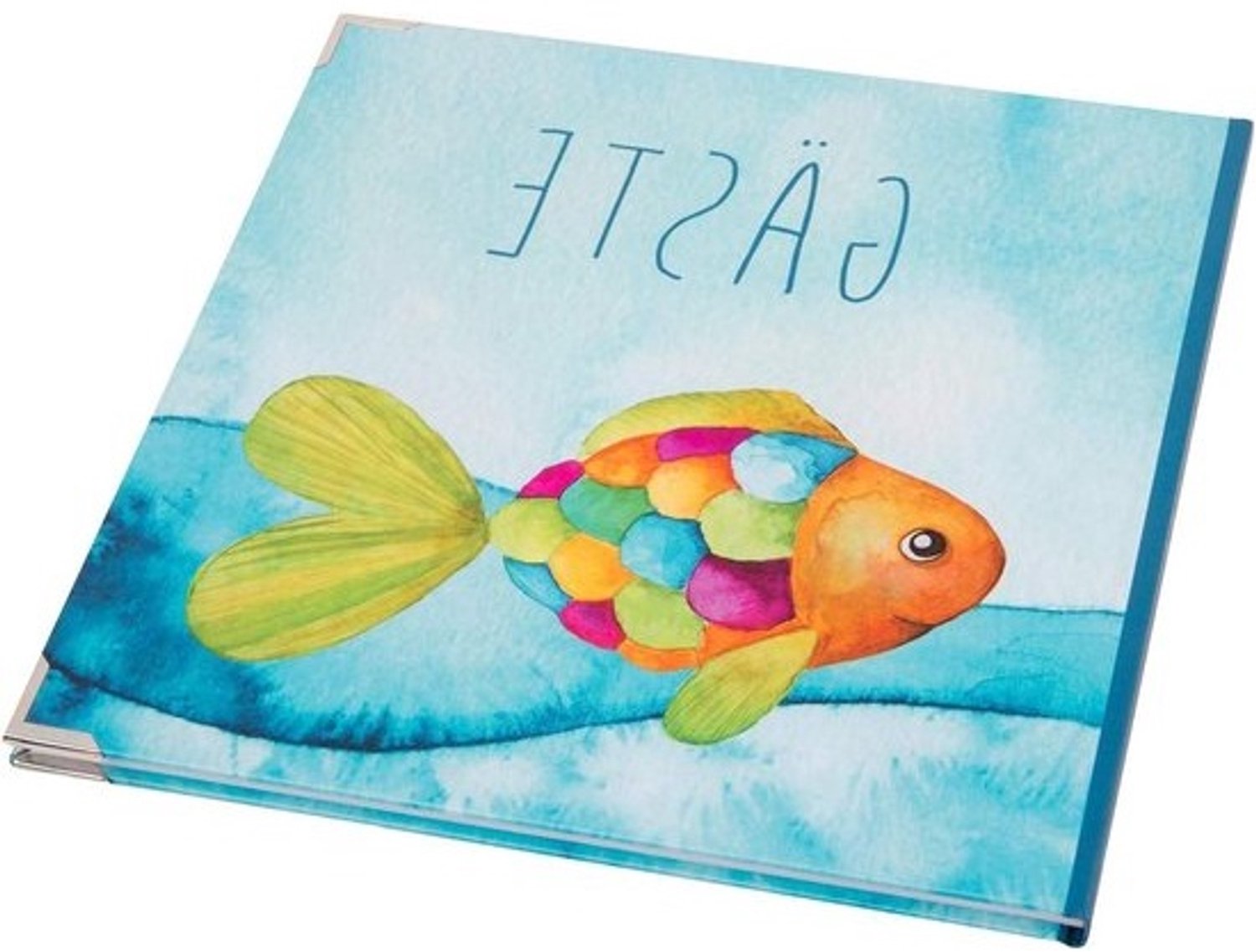 Gastenboek met regenboogvis - Maritiem album - Bewaar herinneringen - Metalen hoeken - 21 x 21 cm - Blauw