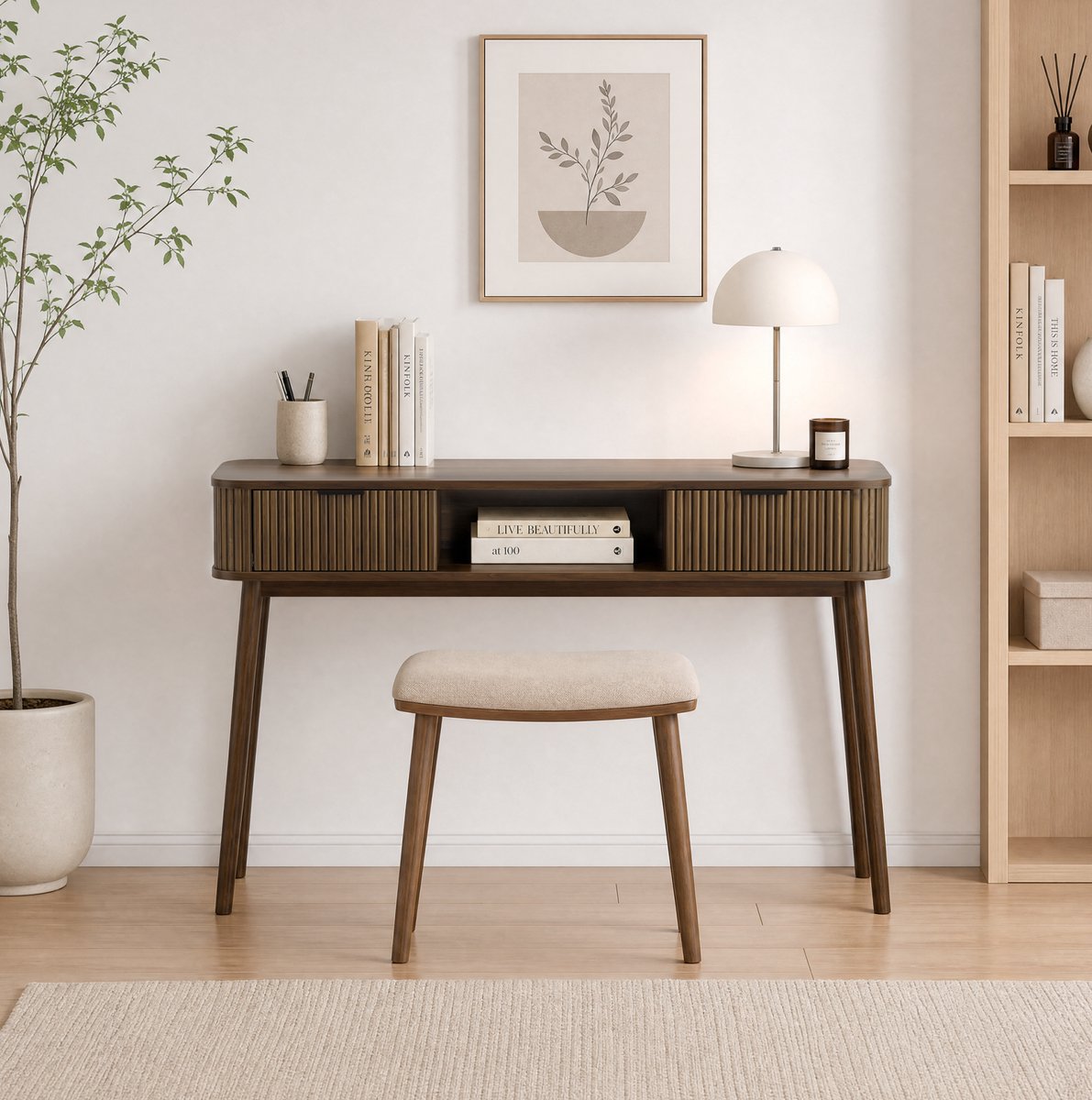 REDOM - Sidetable - 2 lades en open opbergvak - Kantelbeveiliging - Retro en vintage stijl - Hal en woonkamer - MDF en spaanplaat - Walnootkleurig - 120 x 35 x 77,6 cm