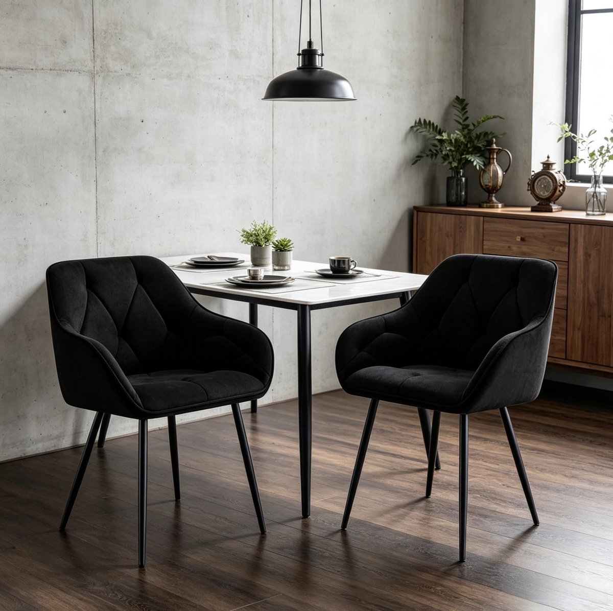 REDOM - Eetkamerstoel set van 2 - Gestoffeerde velvet zitting - Armleuningen en ergonomische rugleuning - Metalen poten - Zwart - 45,5 x 45 x 83,5 cm