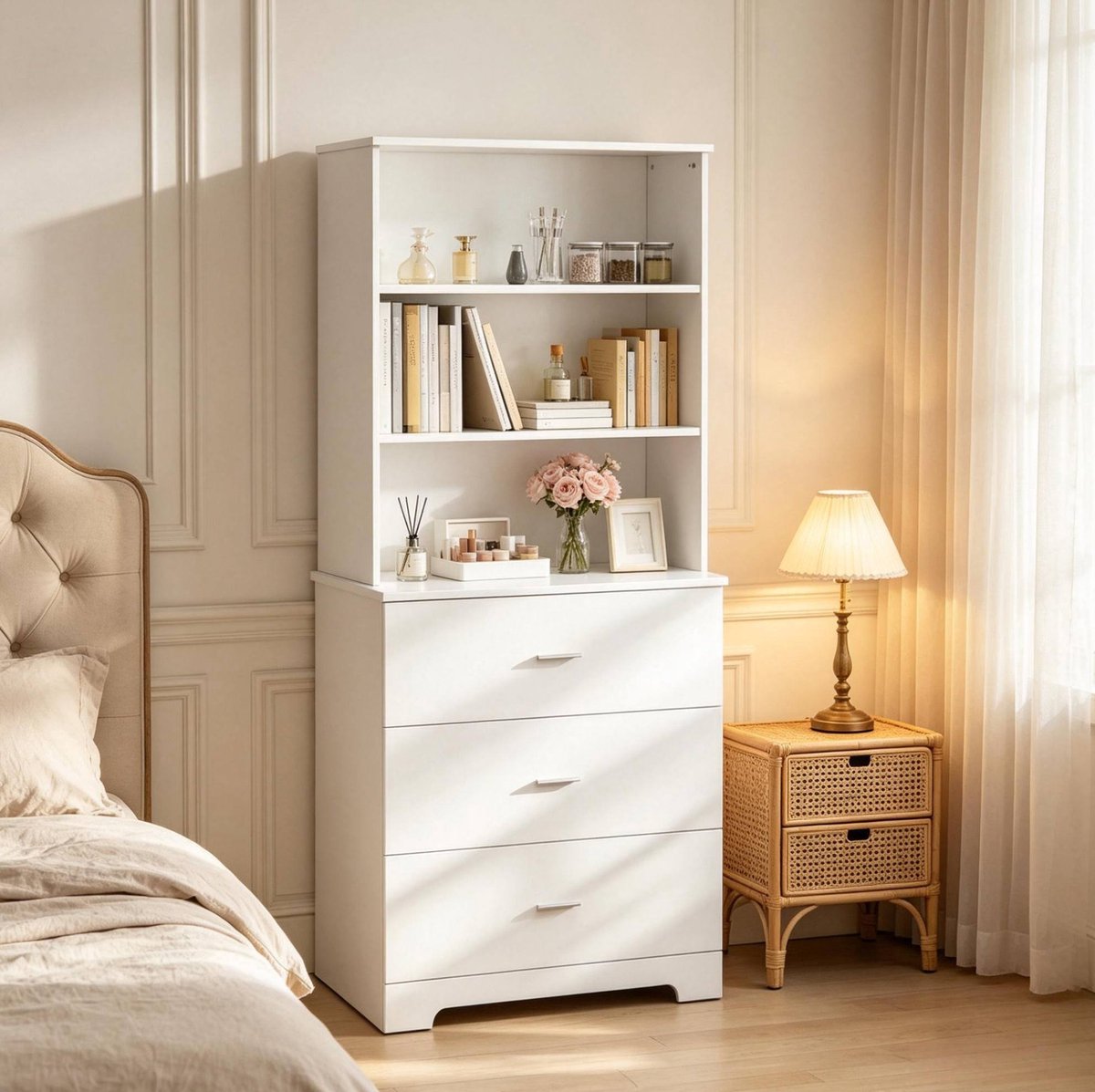 REDOM - Boekenkast - 3 open planken en 3 lades - Gebogen onderzijde - Moderne stijl - Woonkamer of kantoor - Spaanplaat - Wit - 79 x 39,5 x 182,2 cm