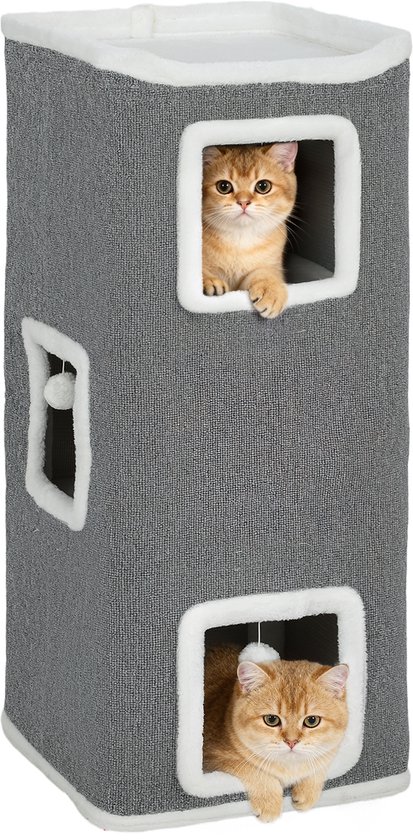 Grijze kattentoren met drie niveaus, twee schattige katten kijken uit twee vierkante ramen.
