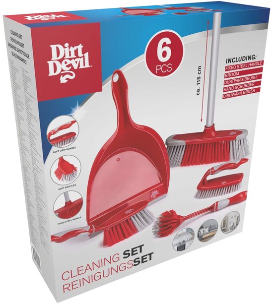 Dirt Devil Schoonmaakset 6 Stuks - Afwasborstel/ Handschrobber/ Zachte Bezem met Steel / Stoffer en Blik - Rood/ Grijs van Dirt Devil — afbeelding 4