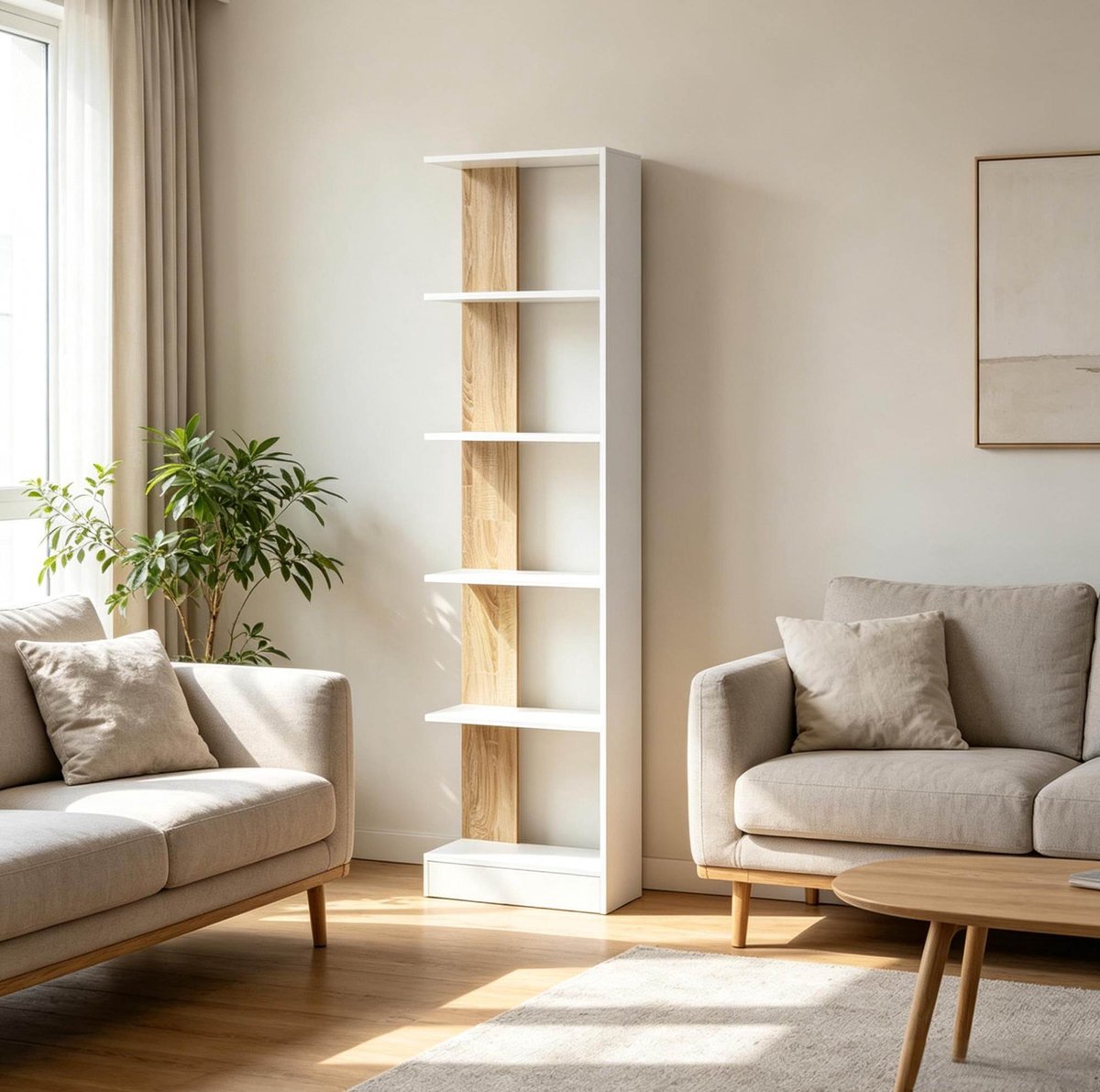 Boekenkast – 45 x 21 x 170 cm – 5 Open Vakken – E1-Spaanplaat – Wit En Eikenkleur – Staand