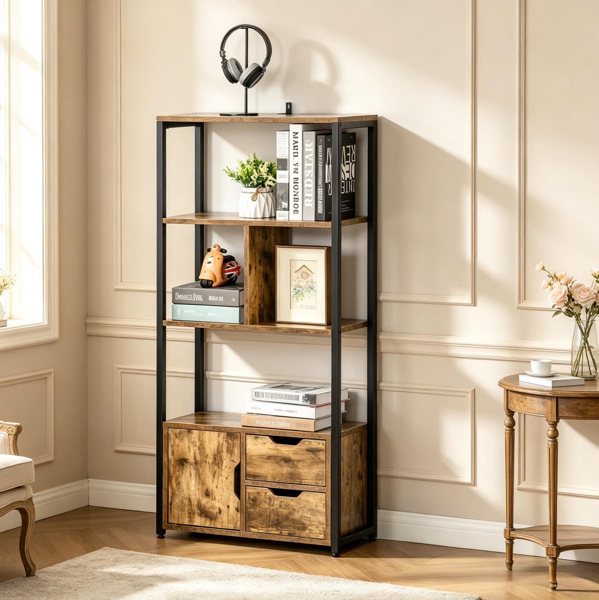 MODENUIT Boekenkast – 58 x 24 x 122 cm – Staal En Spaanplaat – Zwart En Houtlook – Met 2 Laden