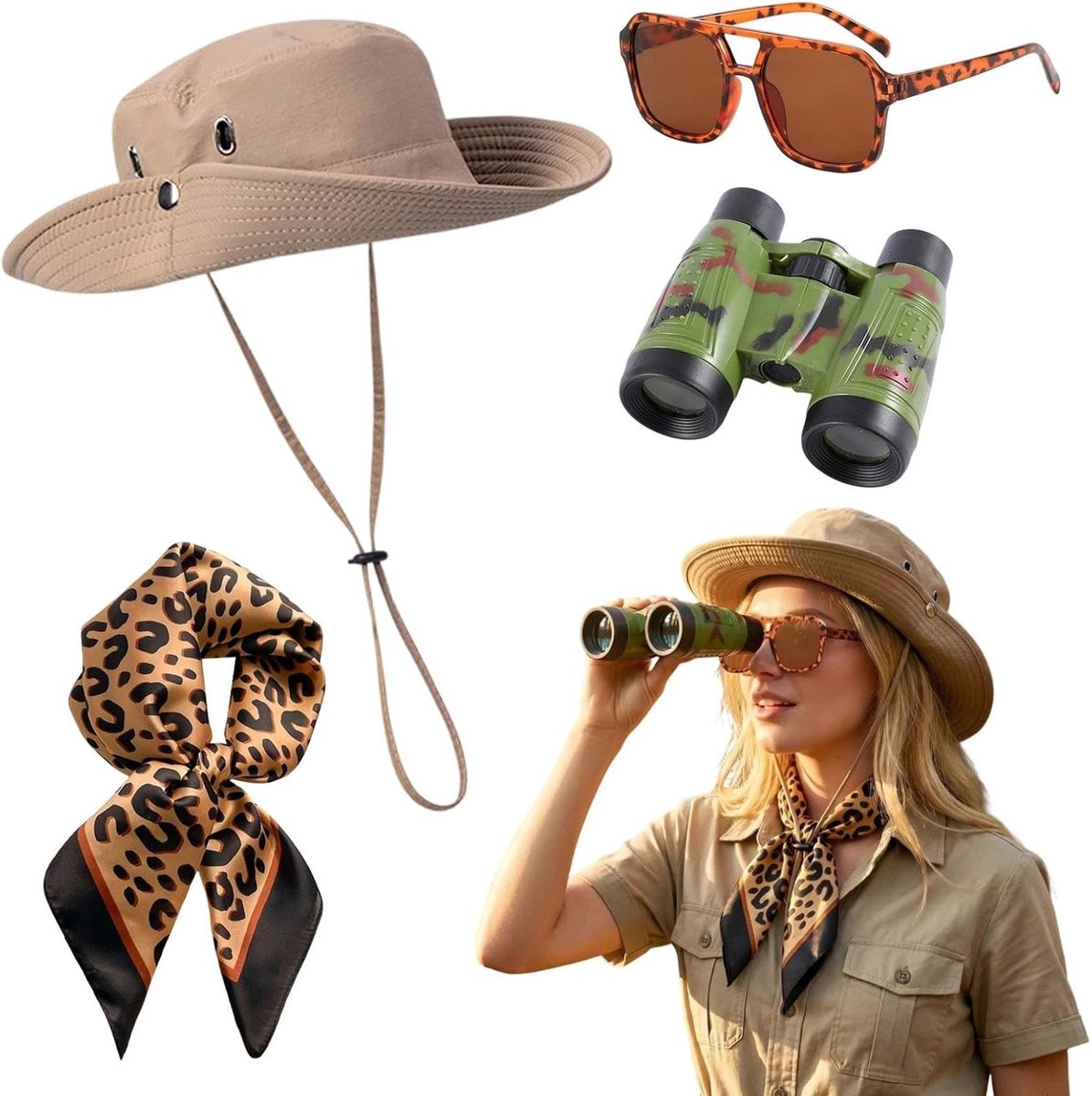 Avontuurlijke Safari Kostuum Set met Vouwbare Zonnehoed, Leopard Bril, Sjaal en Verrekijker voor Carnaval en Feestjes