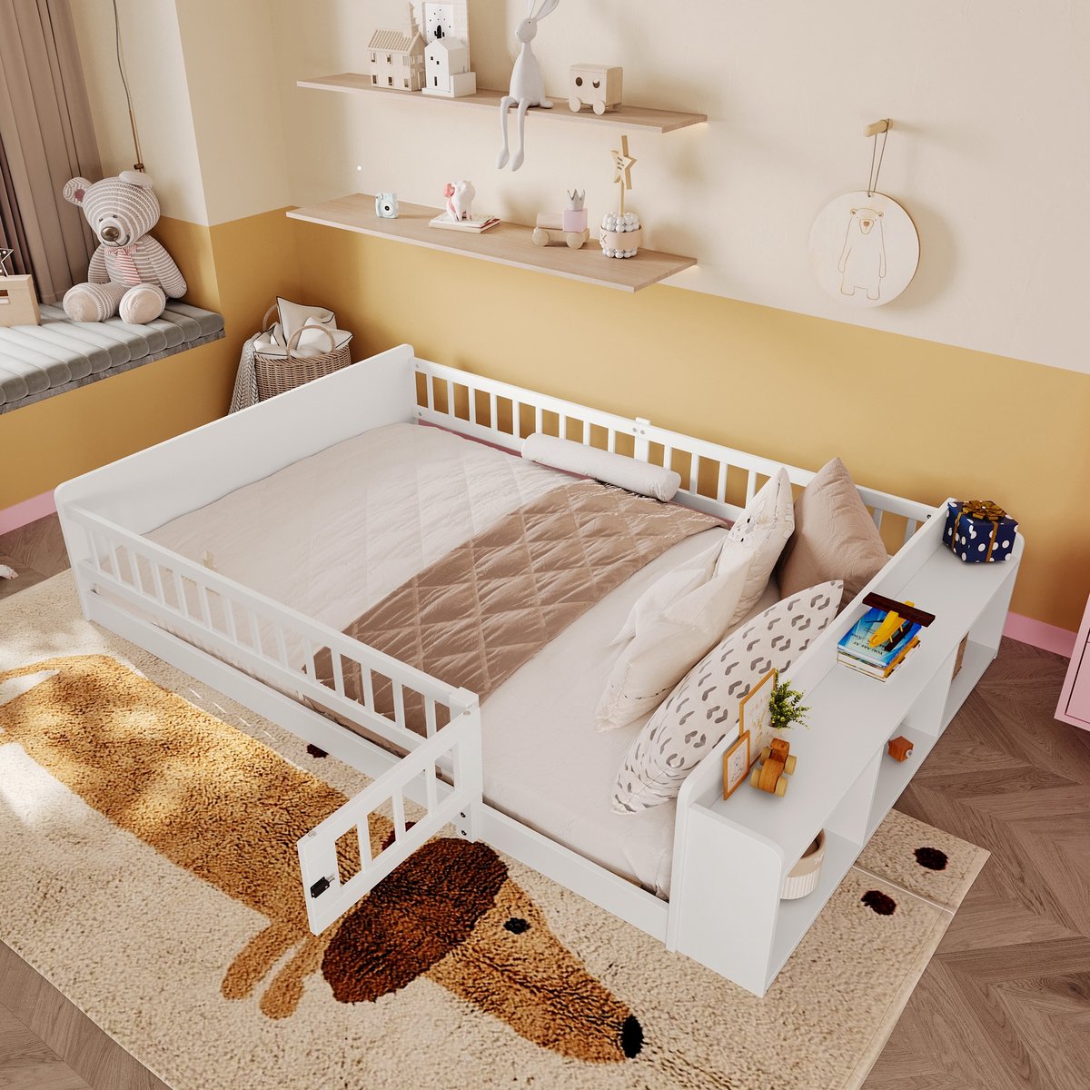 Sweiko Kinderbed - 140 x 190 cm - Met uitvalbeveiliging - Grenenhout + MDF - Opbergruimte - Wit