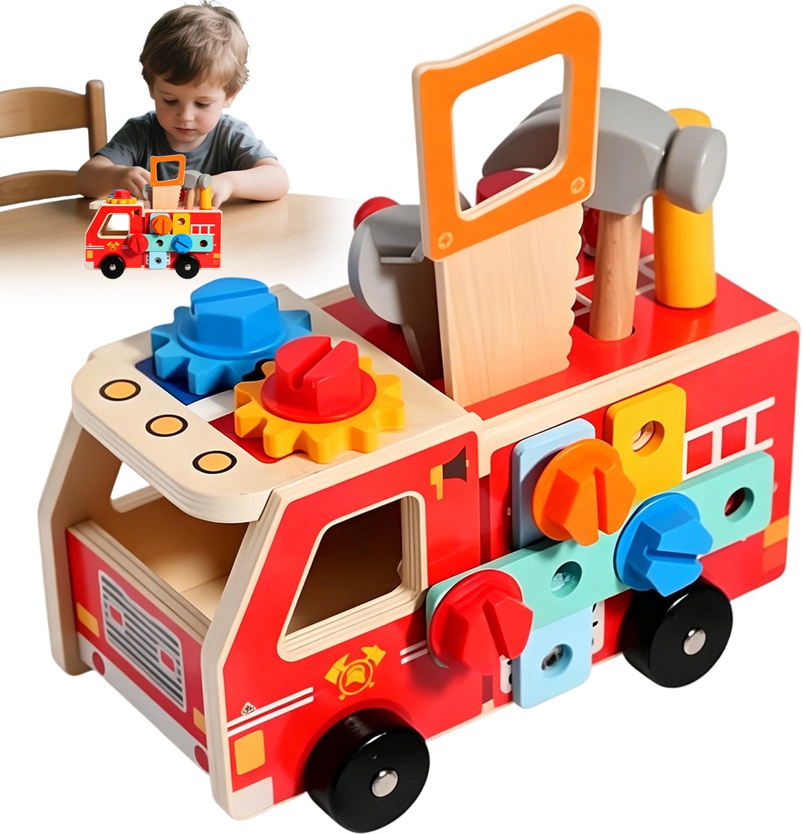 Houten Brandweerwagen met Werkbank - Speelgoed Gereedschapskist - 4-in-1 - Transformeerbaar - Montessori - Rollenspel - Fijne Motoriek - Houten Gereedschapsset - Voor Jongens & Meisjes 2-6 Jaar