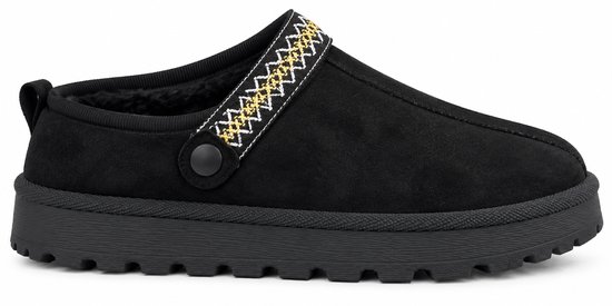Zwarte pantoffel met decoratieve band met geometrisch patroon, zachte voering en dikke zool.