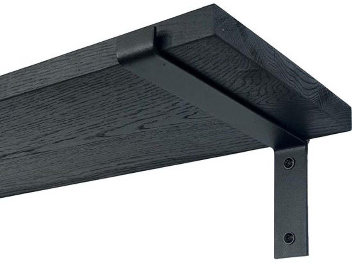 GoudmetHout Zwarte Eiken Wandplank - 260x25 cm - Plankdragers L Mat Zwart Zwart eiken