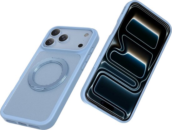 Twee lichtblauwe telefoonhoesjes met mat grijze achterkant en een ringstandaard. Eén hoesje is van de achterkant te zien, de ander van de voorkant.