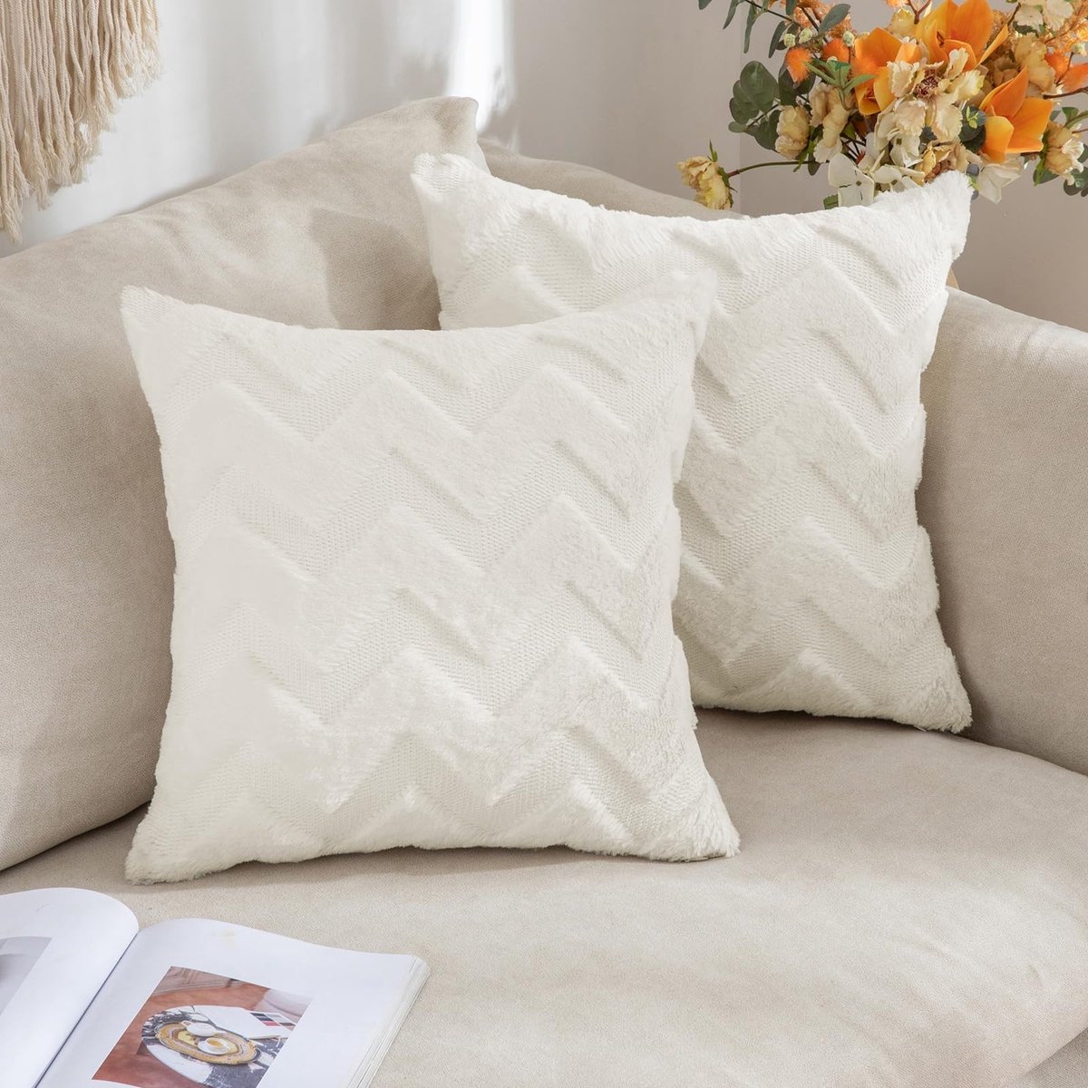 Elzusha - Set van 2 Fluffy Kussenhoezen - 60 x 60 cm - Cream Wit