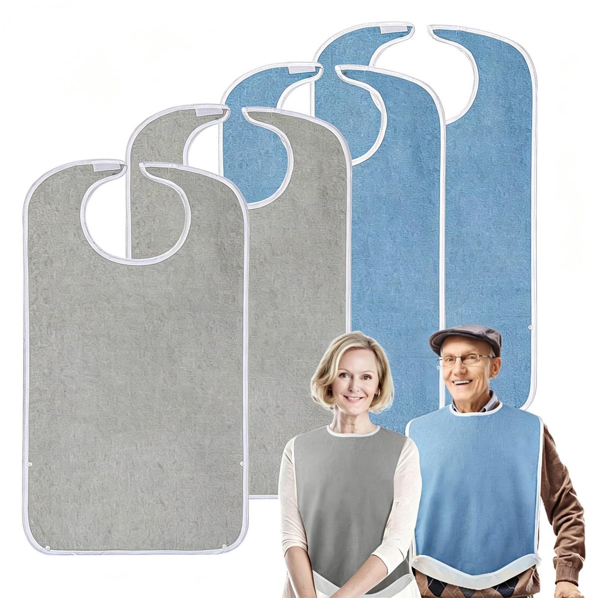 Elzusha - Slabbetjes voor Volwassenen - Wasbaar Badstof - Blauw en Grijs - 4 Stuks