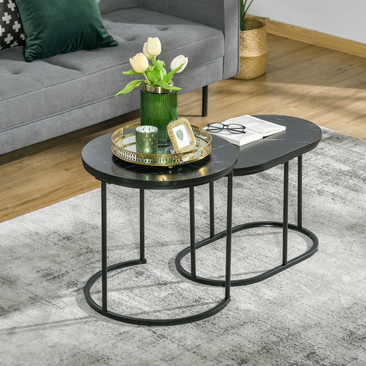 OKWISH Salontafel Set Van 2 – Zwart – Marmerlook – Stapelbaar – Ronde En Ovale Tafel – MDF En Staal – 50 En 60×36 cm