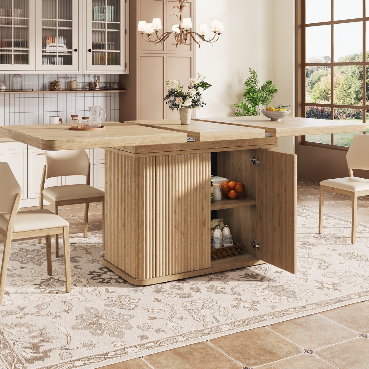 OKWISH Uitschuifbare Eettafel – Verborgen Opbergruimte – 140–180 cm – Voor Eten, Werken En Gezellig Samenzijn – MDF Metaal Licht Houtlook