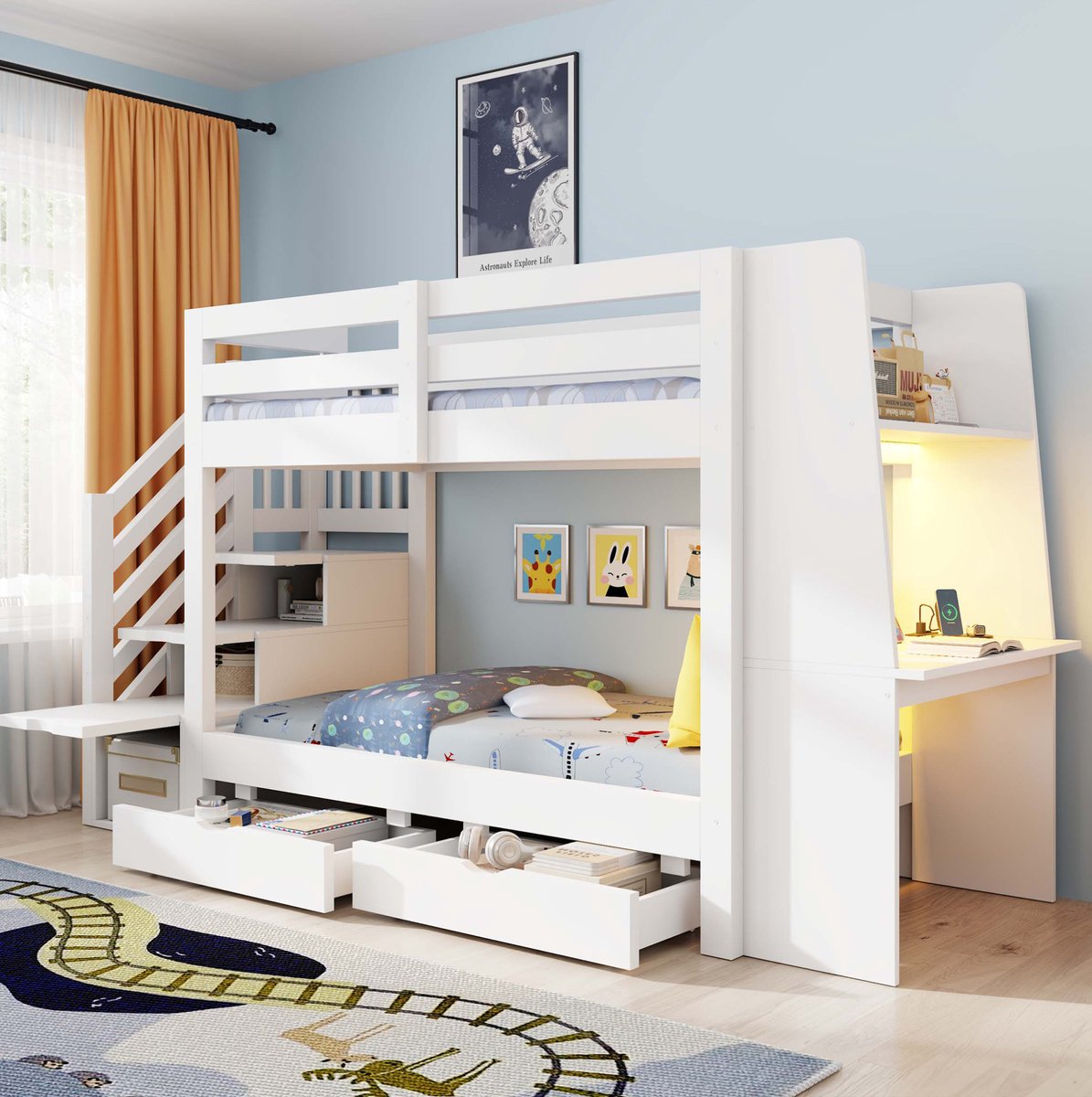 STILVORA Stapelbed 90x200 cm - Kinderbed met Bureau, Ledverlichting, Stekkerdoos en Opberglades - Hout - Wit - Zonder matras