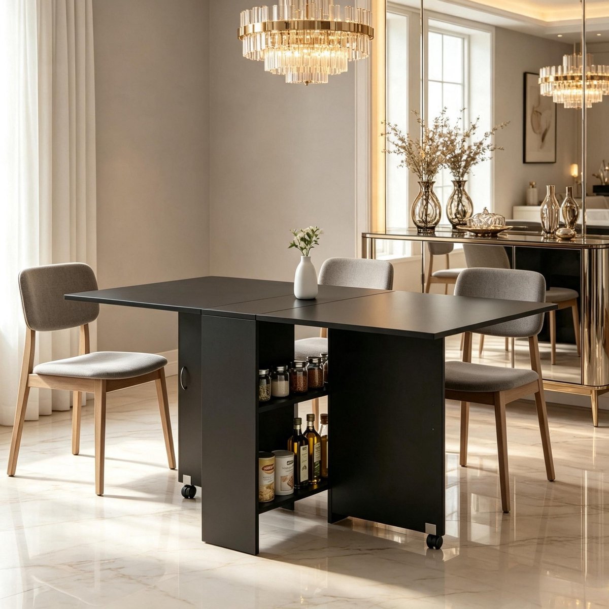 MIVRAY Opklapbare Eettafel - Uitschuifbaar Met Remwielen En Verborgen Opbergruimte - Voor Kleine Eetruimtes - Spaanplaat - 140x75x74 Cm - Zwart
