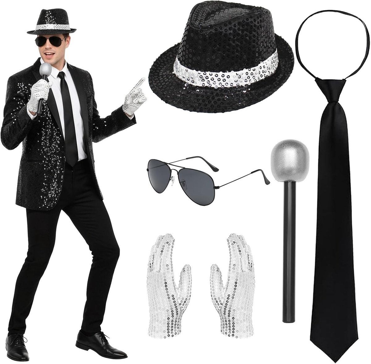 Popster Kostuum voor Volwassenen uit de Jaren '80 met Hoed, Pailletten Handschoenen en Microfoon voor Halloween Feestjes en Cosplay