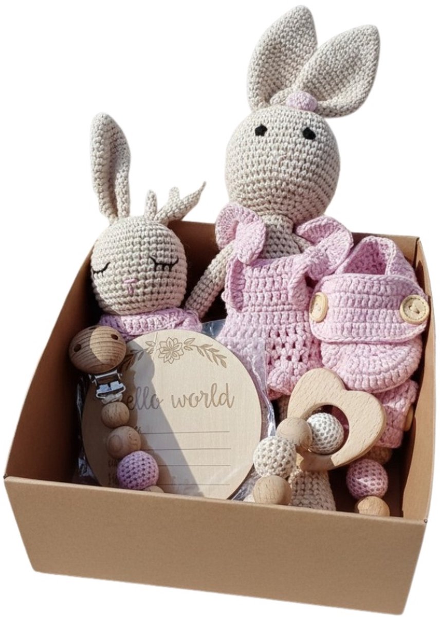Nuvinokids® 6-delige Katoenen Kraamcadeau Set Bunny - 100 % OEKO-TEX® Standard 100 katoen - Kraamcadeau meisje - Geboortecadeau - Babyshower Cadeau - Babyshower Gift - Newborn - Uniek kraamcado - Plasticvrij - Veilig babyspeelgoed - Kersverse ouders