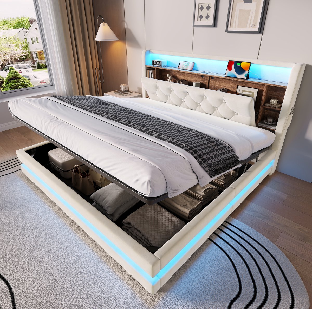 REDOM - Bedframe met opbergruimte - Multifunctioneel hoofdbord - LED USB Type-C - Hydraulisch liftsysteem - Moderne stijl - Slaapkamer - Stof - Beige - 160 x 200 cm