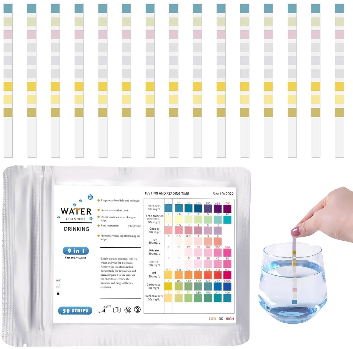 9-in-1 pH-teststrips voor zwembadwater en drinkwater - 50 stuks - Voor zwembad en spa - Eenvoudige en snelle wateranalyse
