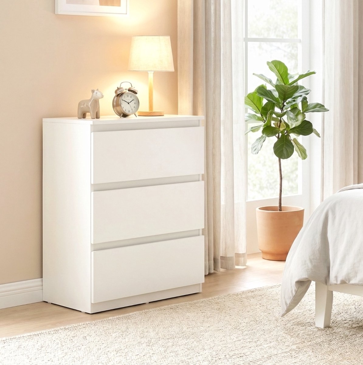 Ladekast – 3 Greeploze Laden – 55 x 34 x 75 cm – Spaanplaat met Melamine – Wit – Slaapkameropberging