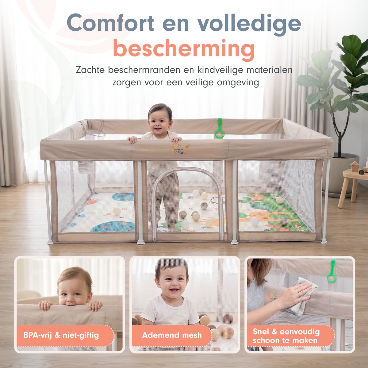 Sweet Sprout Grondbox Inklapbaar - 180x120x66cm - Voor kinderen - Inclusief speelmat foam - Babygym - Playpen - Baby box - Baby bed - Babynestje - Kruipbox - Speelbox - Speelgoed jongens & meisjes 1, 2, 3 jaar - Beige – foto 4