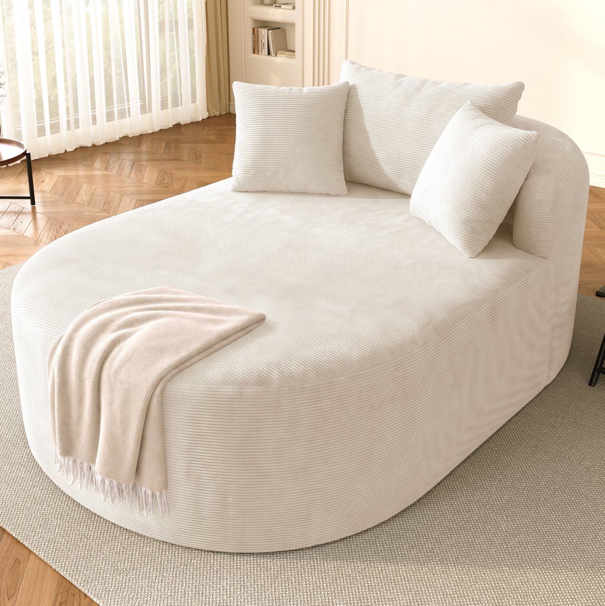 REDOM - Fauteuil - Ovale vorm - Extra diepe zitting - Corduroy bekleding - Minimalistische stijl - Woonkamer - Stof - Lichtbeige - 170 x 112,5 x 83 cm