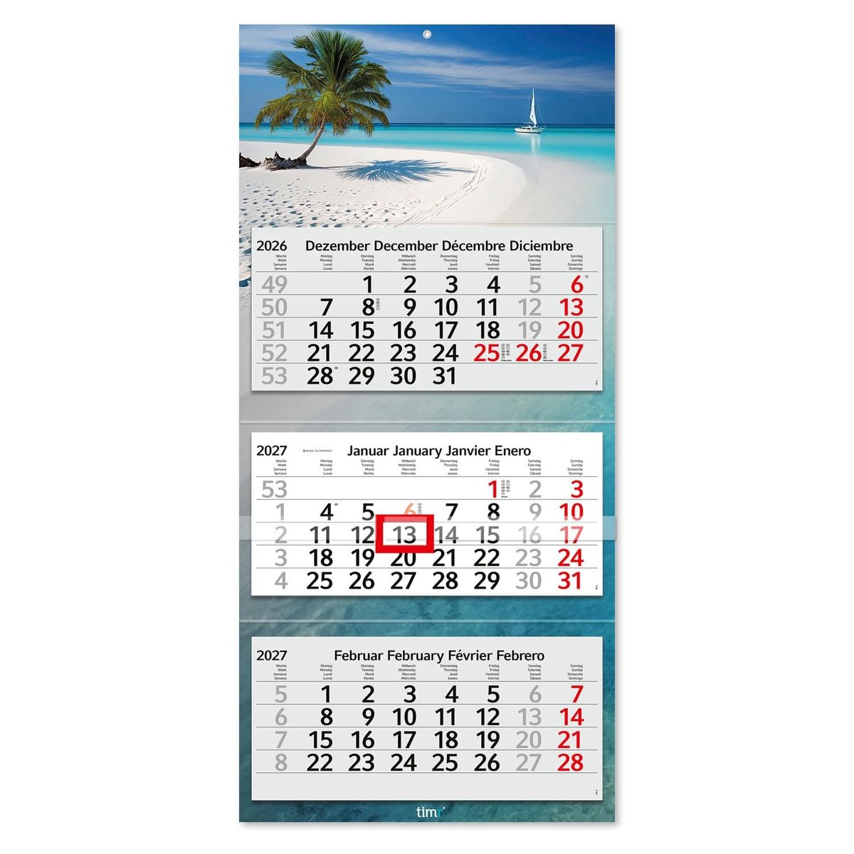 Wandkalender 3 Maanden 2027 met Schuifregelaar