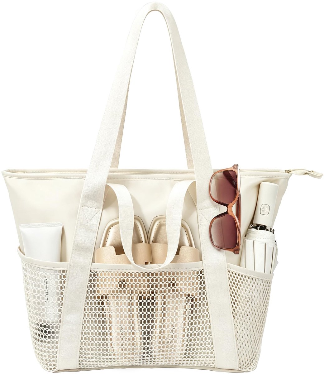 Elzusha - XXL Vouwbare Strandtas - Waterdicht en Mesh - Beige